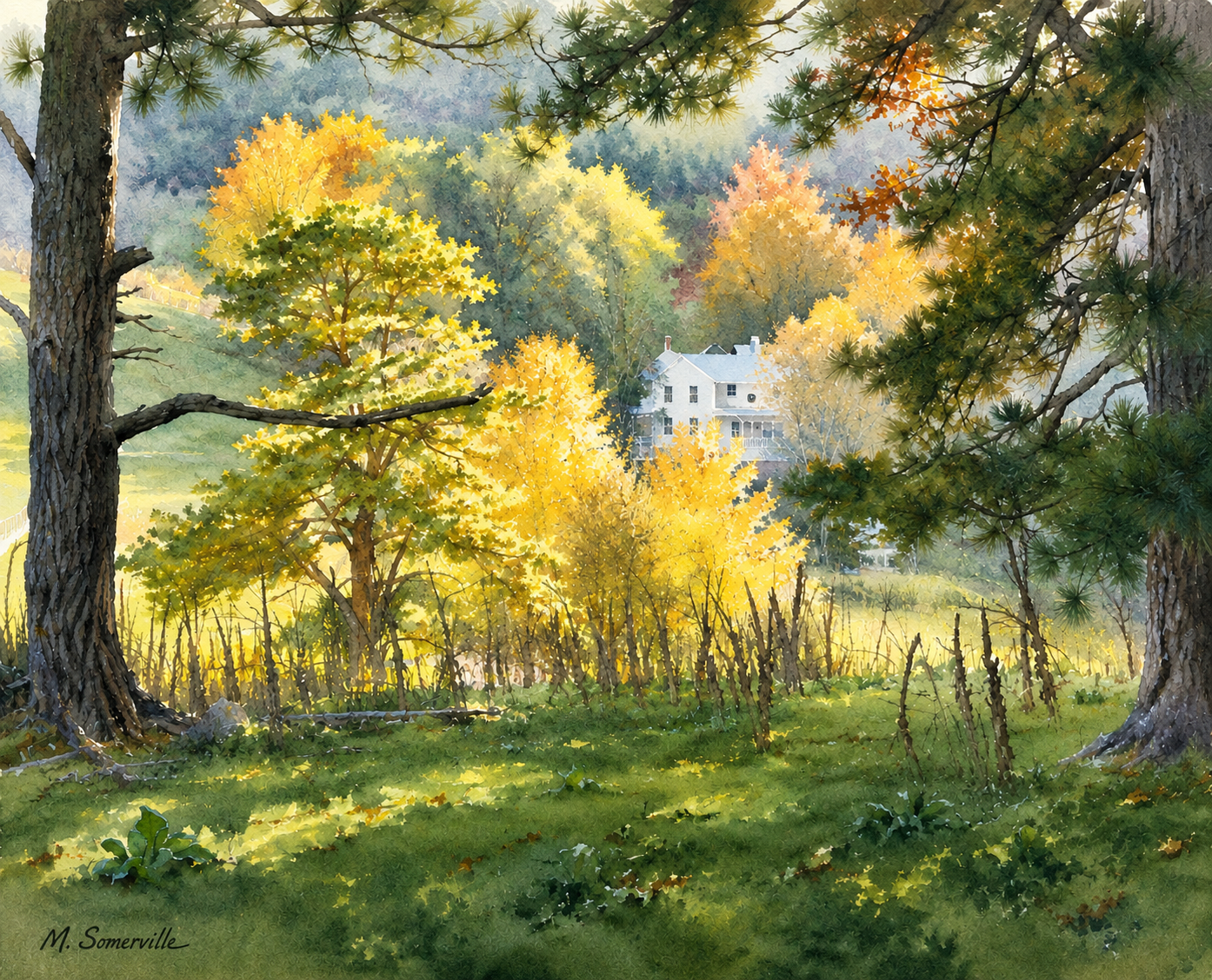 Farmhouse Through Autumn Leaves